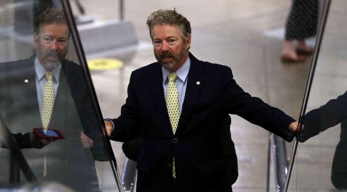 Sen. Rand Paul rides an escalator at the U.S. Capitol, May 4, 2020, in Washington, D.C.