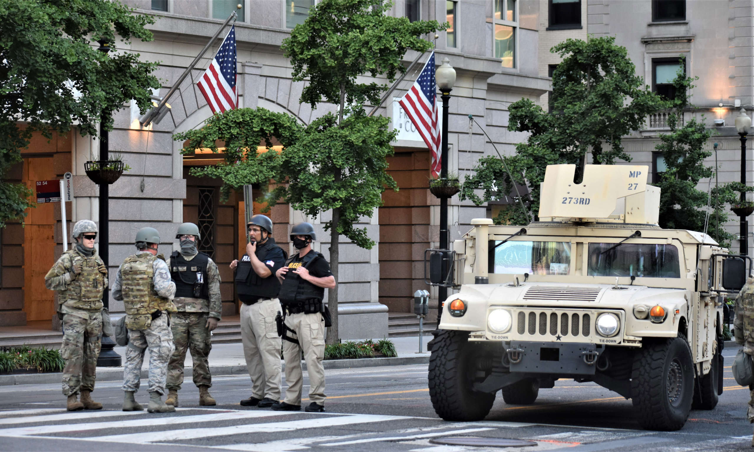 Members of the U.S. military occupy an intersection near the White House on June 2. The Secret Service has indefinitely closed many of the area roads blocking them off with the use of agencies such as the Drug Enforcement Administration, the Bureau of Alcohol, Tobacco, Firearms and Explosives, and the military. 