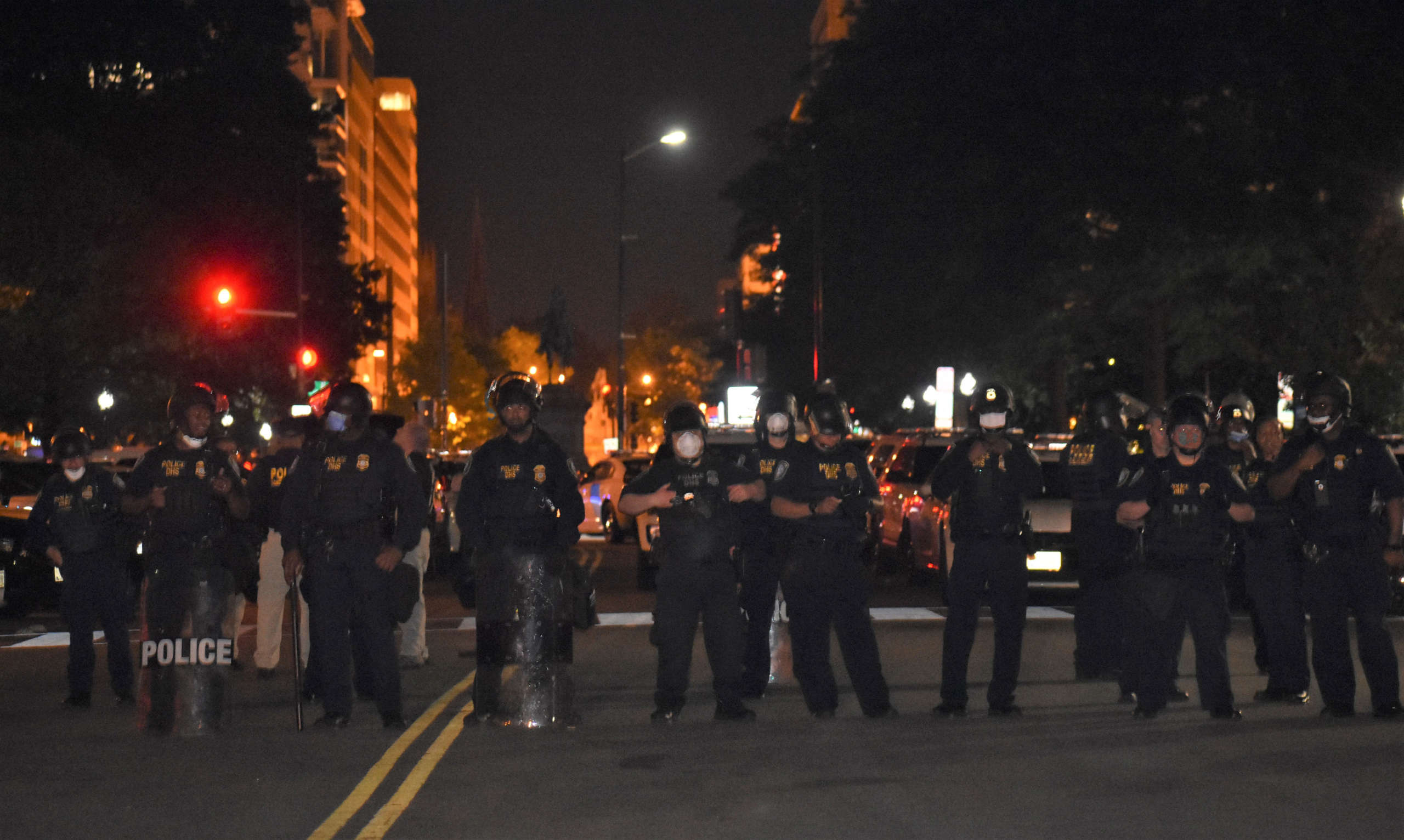 Department of Homeland Security police block an intersection near Lafayette Square on June 2.