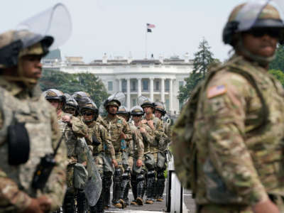 National Guard members deploy near the White House as peaceful protests are scheduled against police brutality and the death of George Floyd, on June 6, 2020, in Washington, D.C.