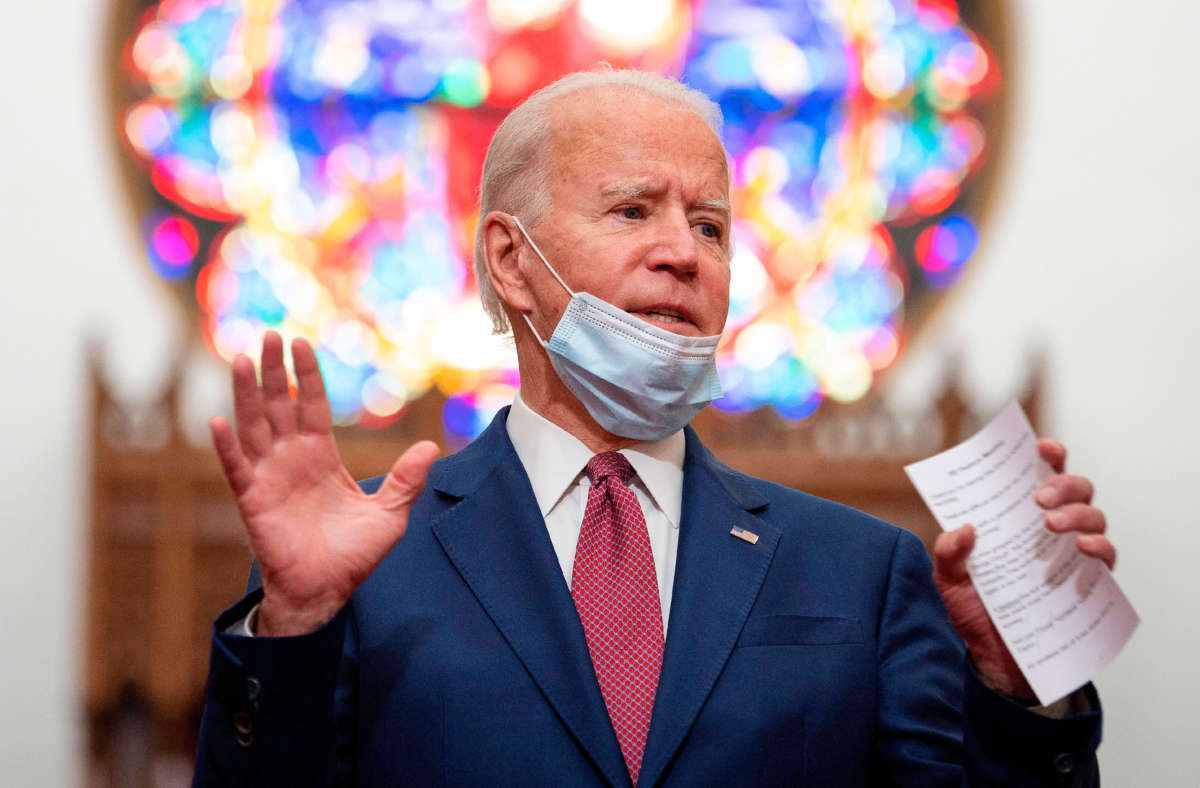 Former vice president and Democratic presidential candidate Joe Biden meets with clergy members and community activists during a visit to Bethel AME Church in Wilmington, Delaware, on June 1, 2020.