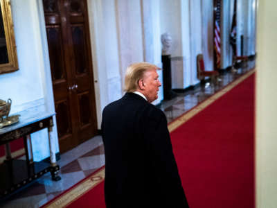 President Trump departs after delivering remarks in the East Room at the White House on April 28, 2020, in Washington, D.C.