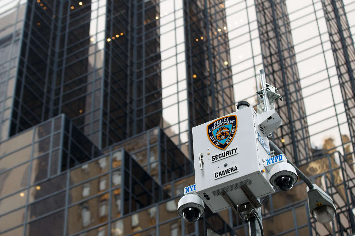 A New York City Police Department security camera hangs atop a light pole across the street from Trump Tower, March 7, 2017, in New York City.