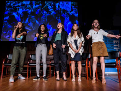 Youth climate strike organizers, including Jamie Margolin (left), stand during a panel held at The New York Society for Ethical Culture, September 23, 2019.