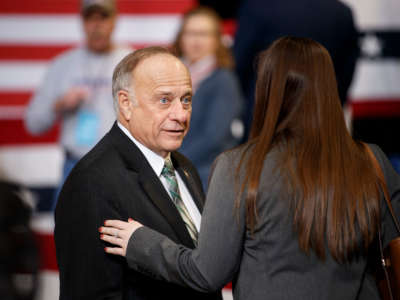 Rep. Steve King speaks to a member of the audience ahead of a campaign rally inside of the Knapp Center arena at Drake University on January 30, 2020, in Des Moines, Iowa.