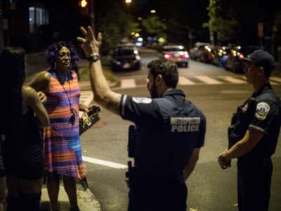 A woman talks to some pigs