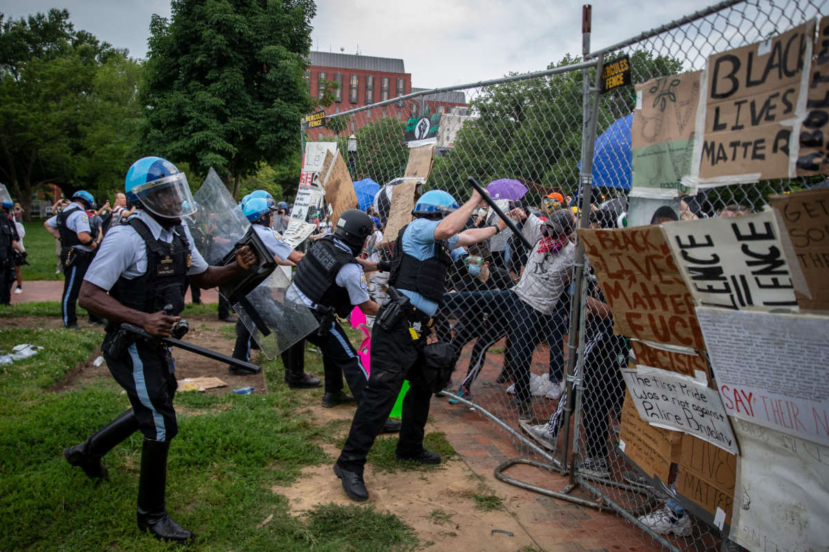 Protesters clash with U.S. Park Police after protesters attempted to pull down the statue of Andrew Jackson in Lafayette Square near the White House on June 22, 2020, in Washington, D.C.