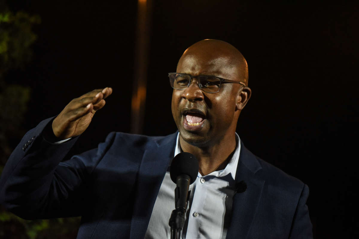 New York Democratic House candidate Jamaal Bowman greets supporters on June 23, 2020, in Yonkers, New York.