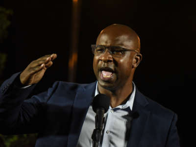 New York Democratic House candidate Jamaal Bowman greets supporters on June 23, 2020, in Yonkers, New York.