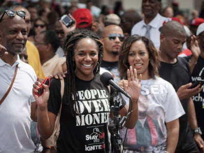 Bree Newsome speaks in Ferguson, Missouri, in August 2014.