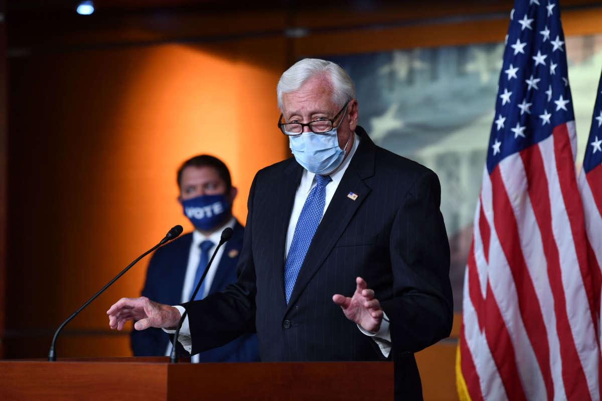 Rep. Steny Hoyer speaks as House Democrats listen during a response to the White House at a press briefing on June 30, 2020, on Capitol Hill in Washington, D.C.