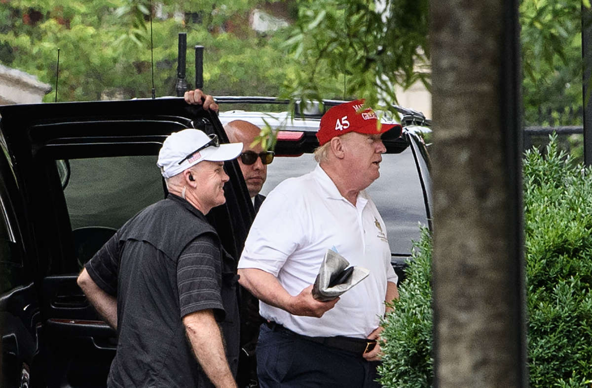 President Trump steps out of his vehicle upon his return to the White House in Washington, D.C., on June 28, 2020, after golfing at his Trump National Golf Club in Virginia.