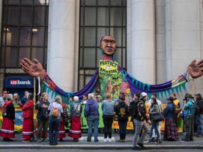 On June 21, 2019, a demonstration outside the Consulate General of Brazil in San Francisco, organized by the Brasil Solidarity Network, Idle No More SF Bay and Indigenous Women of the Americas Defending Mother Earth Treaty, featured a giant puppet, a road shutdown and a street painting to send a message to Brazilian President Jair Bolsonaro: Protect the Amazon, respect Indigenous rights, the Amazon is not for sale.