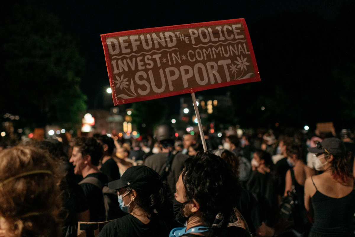 Demonstrators denouncing systemic racism and the police killings of black Americans take to the streets in the borough of Brooklyn on June 6, 2020, in New York City.