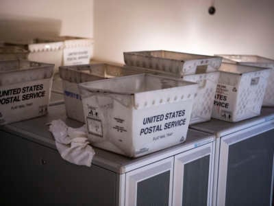 U.S. Postal Service mail trays are seen in the Russell Senate Office Building in Washington, D.C., on June 18, 2020.