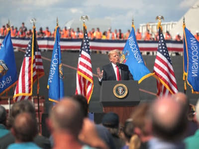 President Donald Trump speaks to guests during a visit to the Fincantieri Marinette Marine shipyard on June 25, 2020, in Marinette, Wisconsin.