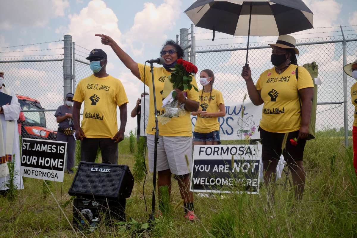 RISE St. James activist Sharon Lavigne speaks during a Juneteenth ceremony held Friday at a recently-discovered cemetery on old plantation grounds in St. James Parish, Louisiana. Formosa, a massive plastics company, is building a massive petrochemical complex at the site.