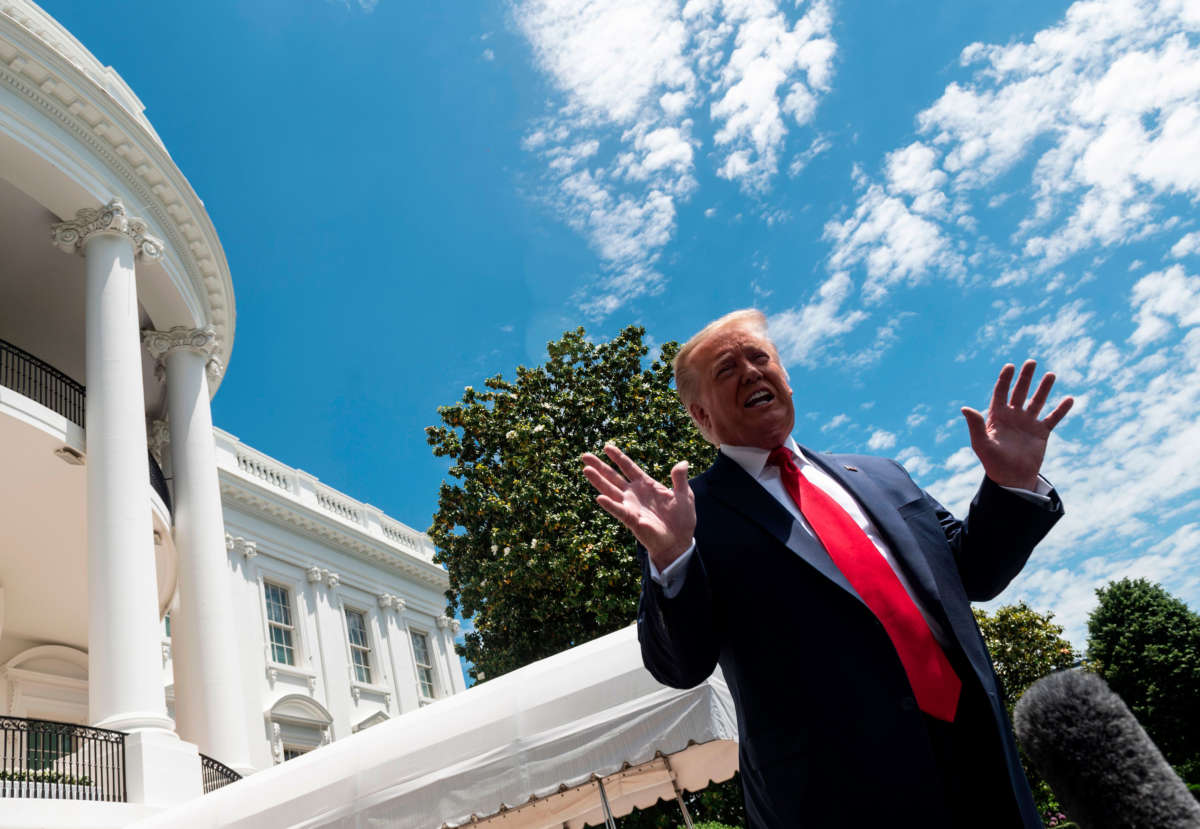 President Trump speaks to the press before departing the White House, on May 30, 2020, in Washington, D.C.