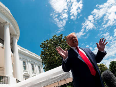 President Trump speaks to the press before departing the White House, on May 30, 2020, in Washington, D.C.