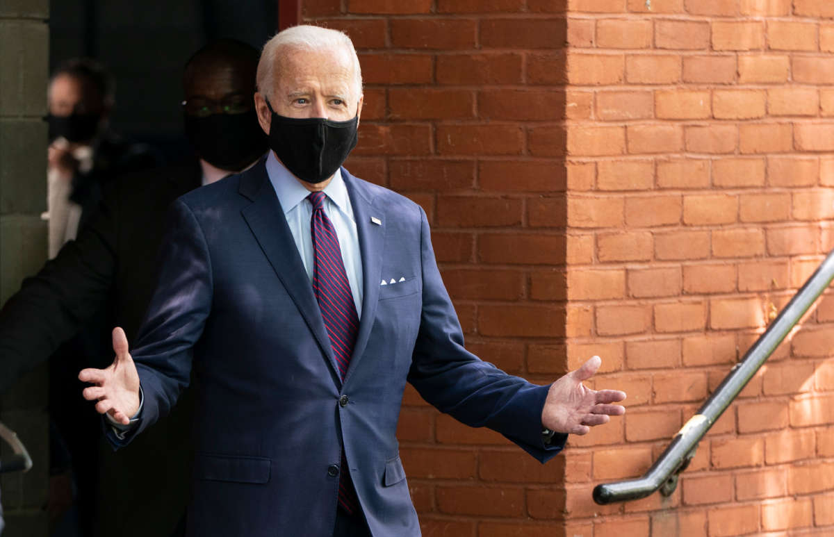 Former Vice President Joe Biden arrives to speak at an an event about affordable healthcare at the Lancaster Recreation Center on June 25, 2020, in Lancaster, Pennsylvania.