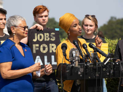 Rep. Ilhan Omar and Rep. Bonnie Watson Coleman hold a news conference to discuss legislation introducing a federal jobs guarantee bill at the U.S. Capitol in Washington, D.C., September 12, 2019.