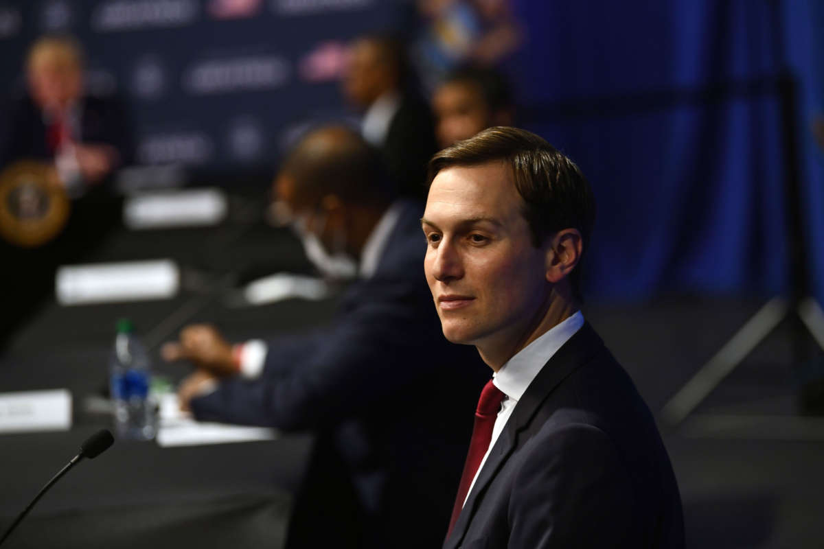 Senior Advisor to the President Jared Kushner looks on during a roundtable at the Ford Rawsonville Plant in Ypsilanti, Michigan, on May 21, 2020.