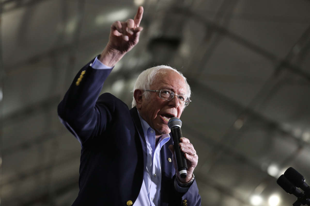 Sen. Bernie Sanders addresses supporters during a campaign rally at South Hall, March 1, 2020, in San Jose, California.