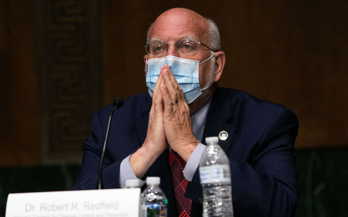 CDC Director Dr. Robert R. Redfield looks on while testifying at a Senate Labor, Health and Human Services, Education and Related Agencies Subcommittee hearing on Capitol Hill on July 2, 2020, in Washington, D.C.