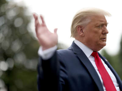 President Trump waves while departing the White House on Marine One on July 10, 2020, in Washington, D.C.