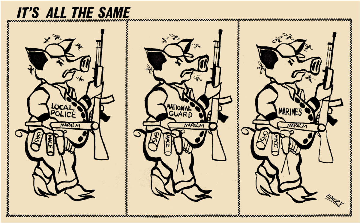 Illustration by Emory Douglas of law enforcement officers as pigs.