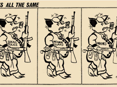 Illustration by Emory Douglas of law enforcement officers as pigs.