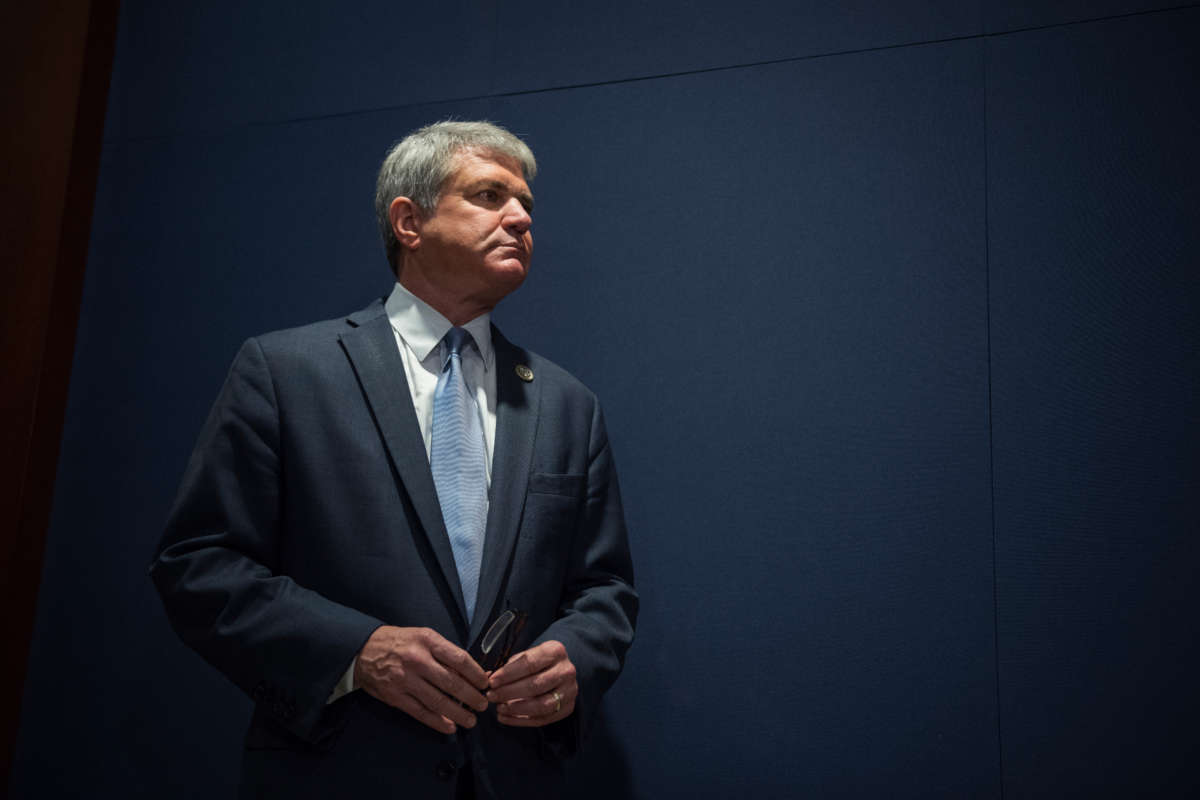 Texas Republican Rep. Michael McCaul waits to address the media after a briefing on election security with House members in the Capitol Visitor Center on May 22, 2018.