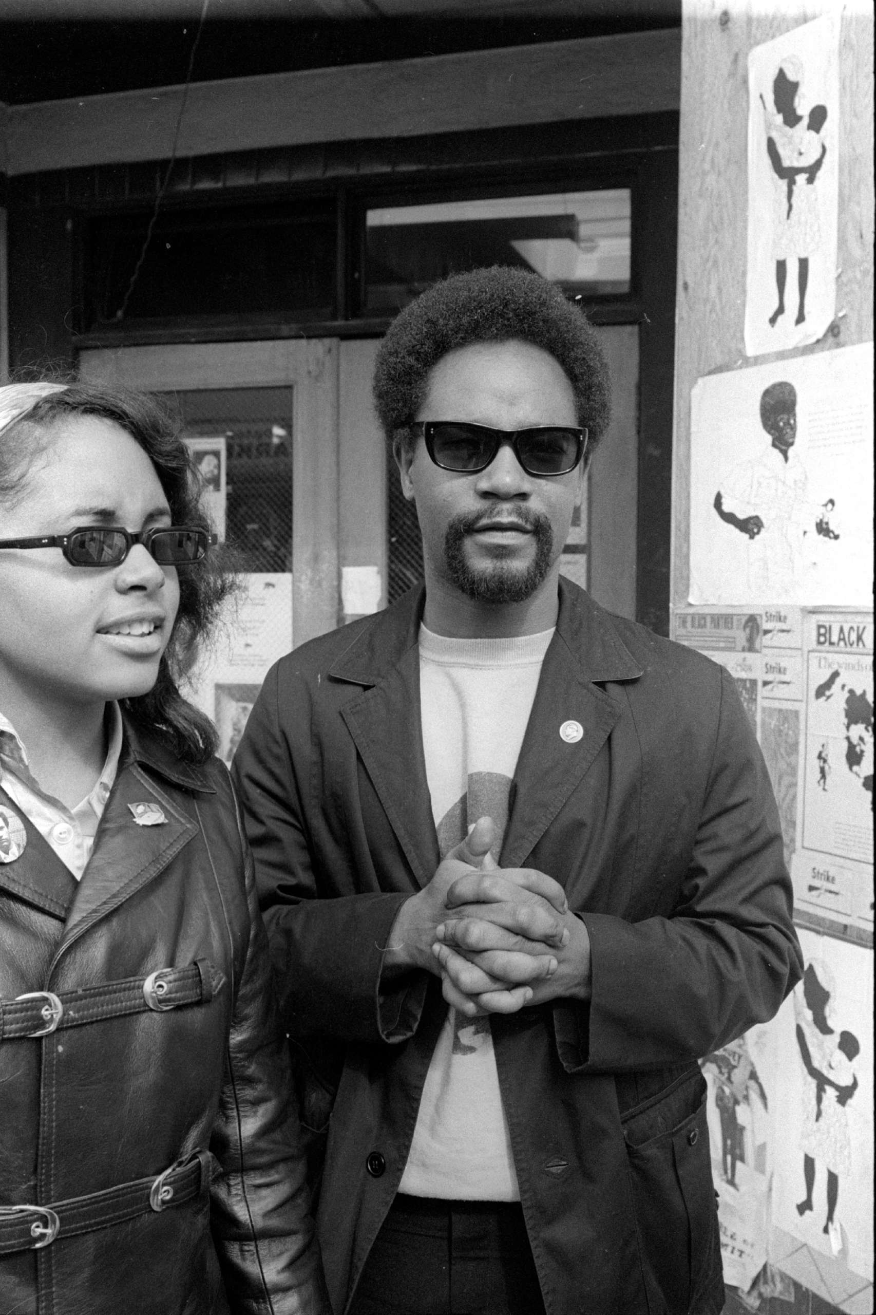 Emory Douglas stands in front of the Black Panther Party Office, Oakland.