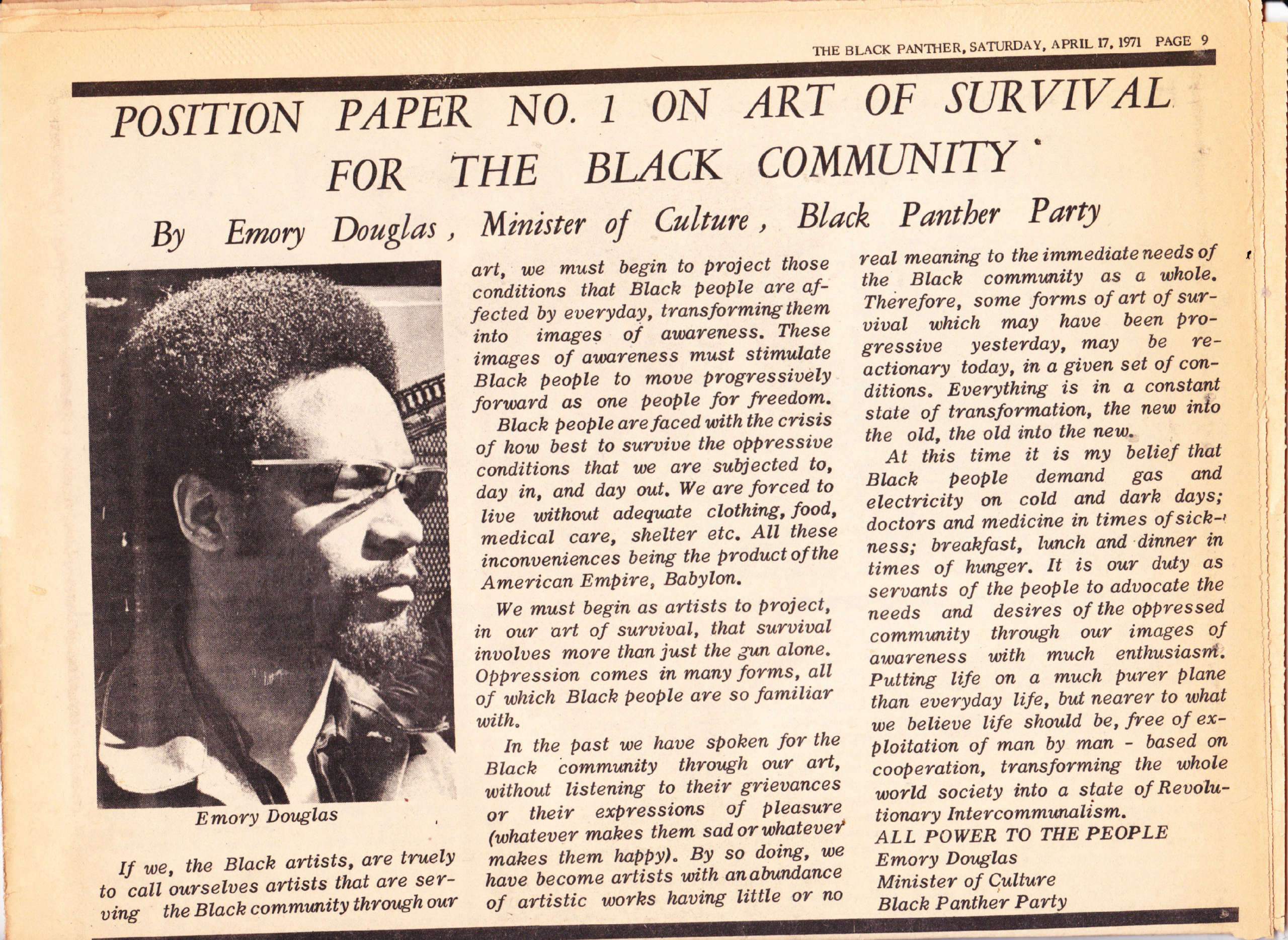 Emory Douglas writes in The Black Panther on Art of Survival, April 17, 1971.