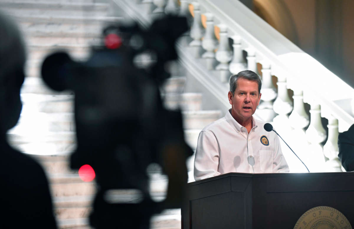 Georgia Gov. Brian Kemp speaks to members of the media during his weekly press conference regarding the COVID-19 pandemic from the Georgia State Capitol on May 7, 2020, in Atlanta, Georgia.