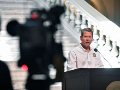 Georgia Gov. Brian Kemp speaks to members of the media during his weekly press conference regarding the COVID-19 pandemic from the Georgia State Capitol on May 7, 2020, in Atlanta, Georgia.