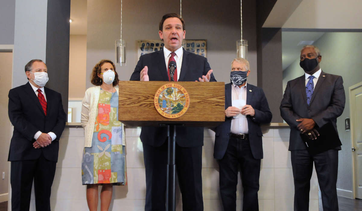 Florida Gov. Ron DeSantis speaks during a press conference at Wellington Park Apartments, July 17, 2020.