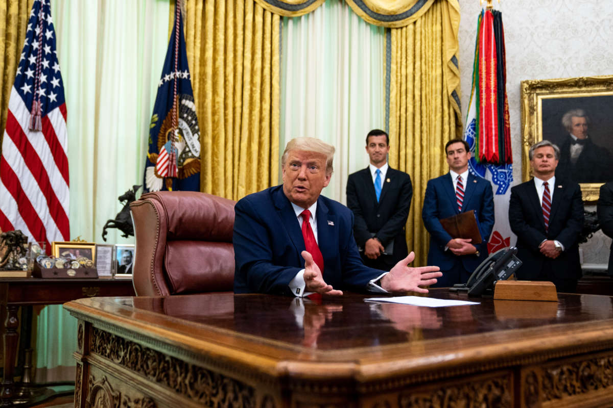 President Trump addresses reporters in the Oval Office of the White House on July 15th, 2020, in Washington D.C.