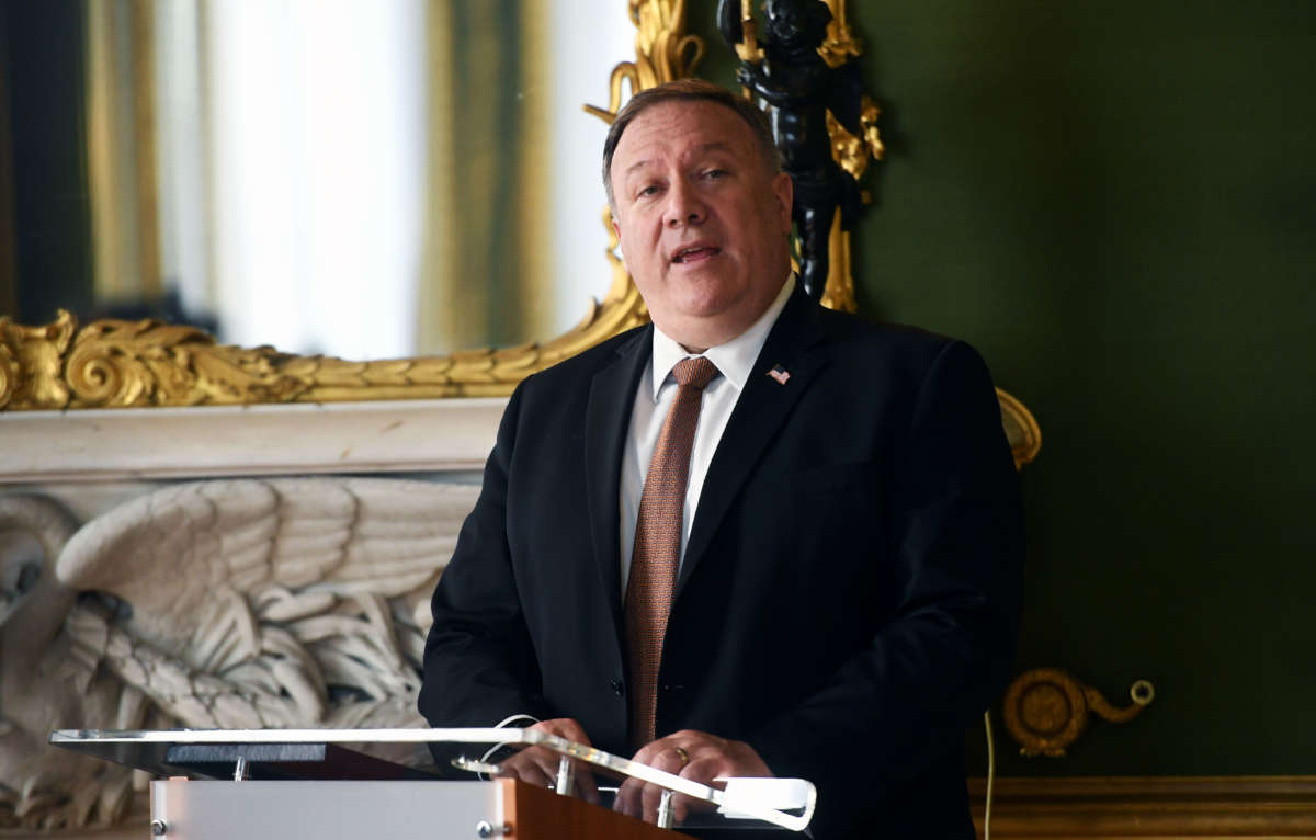 Secretary of State Mike Pompeo speaks during a joint press conference with Britain's Foreign Secretary Dominic Raab at Lancaster House on July 21, 2020, in London, England.