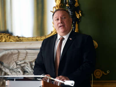 Secretary of State Mike Pompeo speaks during a joint press conference with Britain's Foreign Secretary Dominic Raab at Lancaster House on July 21, 2020, in London, England.