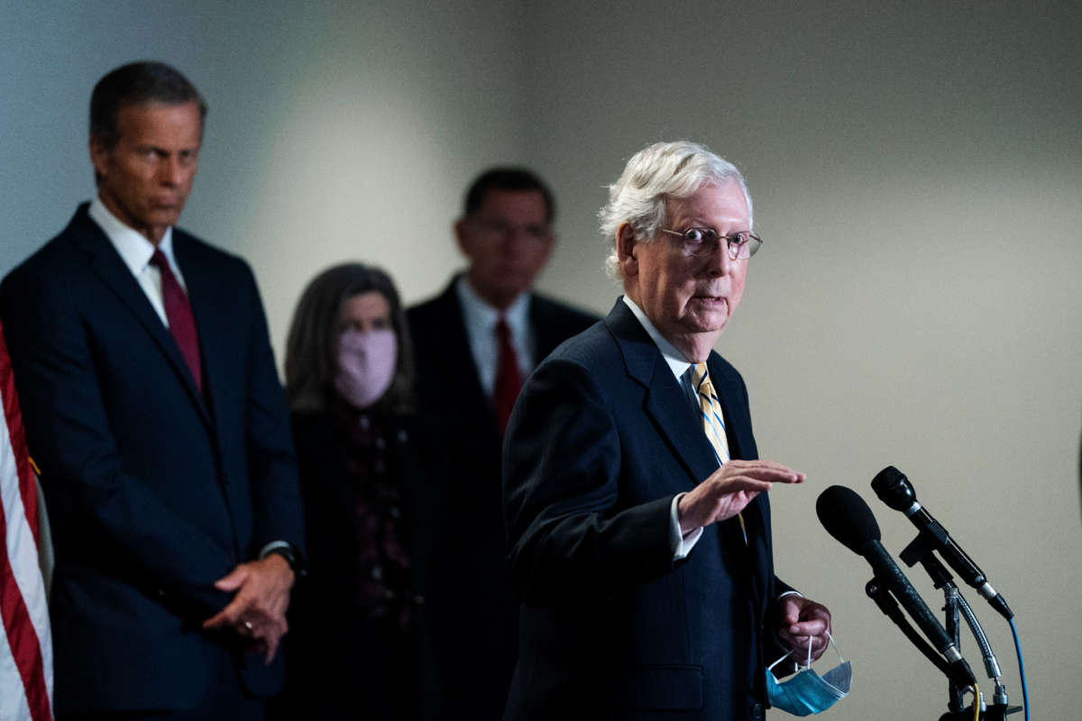 Senate Majority Leader Mitch McConnell speaks to reporters in the Hart Senate Office Building on June 16, 2020, in Washington, D.C.