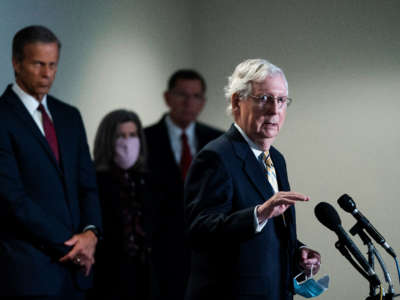 Senate Majority Leader Mitch McConnell speaks to reporters in the Hart Senate Office Building on June 16, 2020, in Washington, D.C.