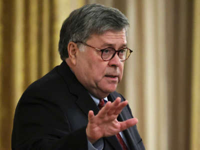 Attorney General William Barr speaks in the East Room of the White House, July 22, 2020, in Washington, D.C.