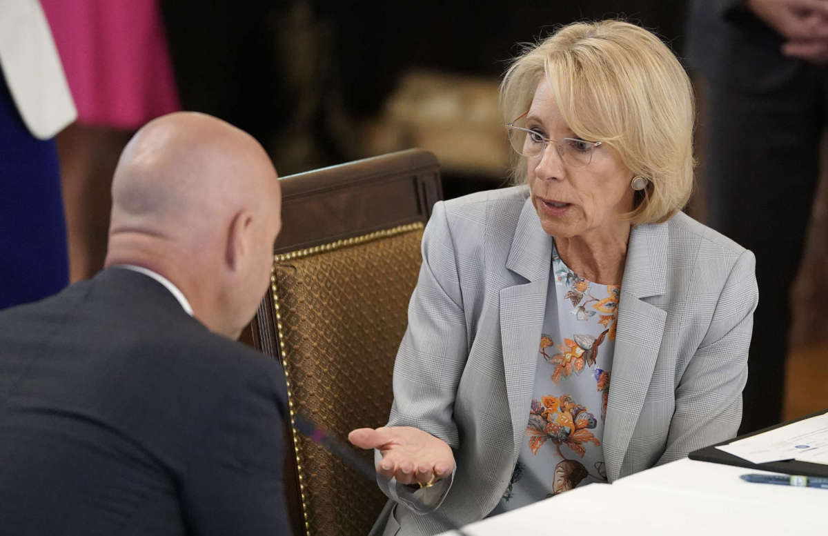 Secretary of Education, Betsy DeVos participates in a meeting of the American Workforce Policy Advisory Board in the East Room of the White House on June 26, 2020, in Washington, D.C.