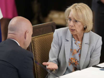 Secretary of Education, Betsy DeVos participates in a meeting of the American Workforce Policy Advisory Board in the East Room of the White House on June 26, 2020, in Washington, D.C.