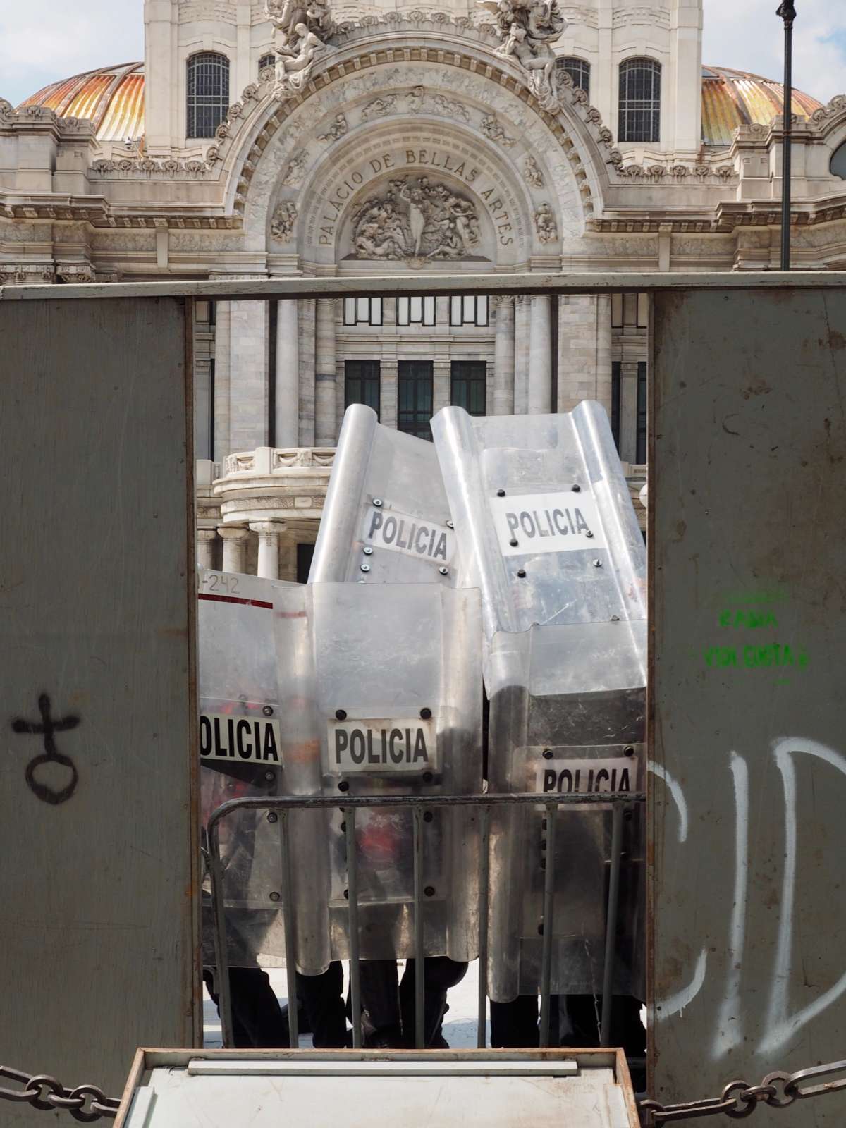 Police riot shields are seen