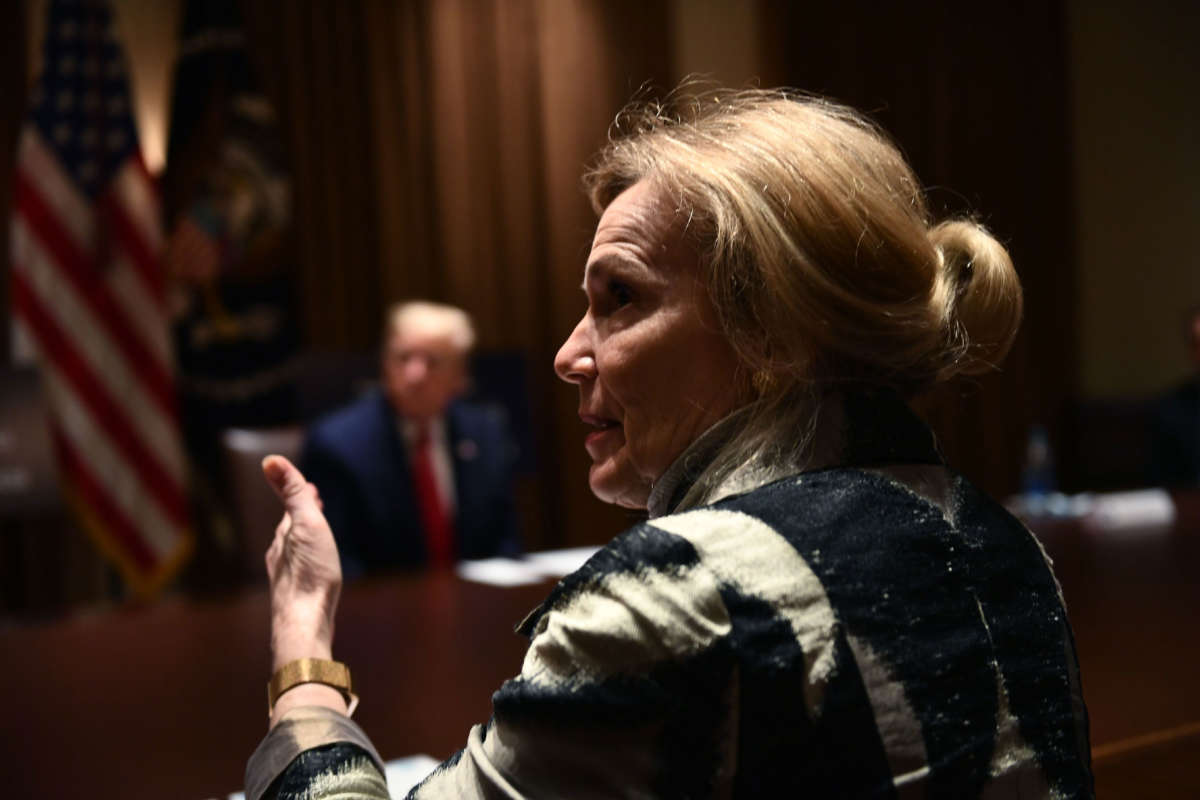 Response coordinator for White House Coronavirus Task Force Deborah Birx speaks with President Trump in background on May 20, 2020, in the Cabinet Room of the White House in Washington, D.C.