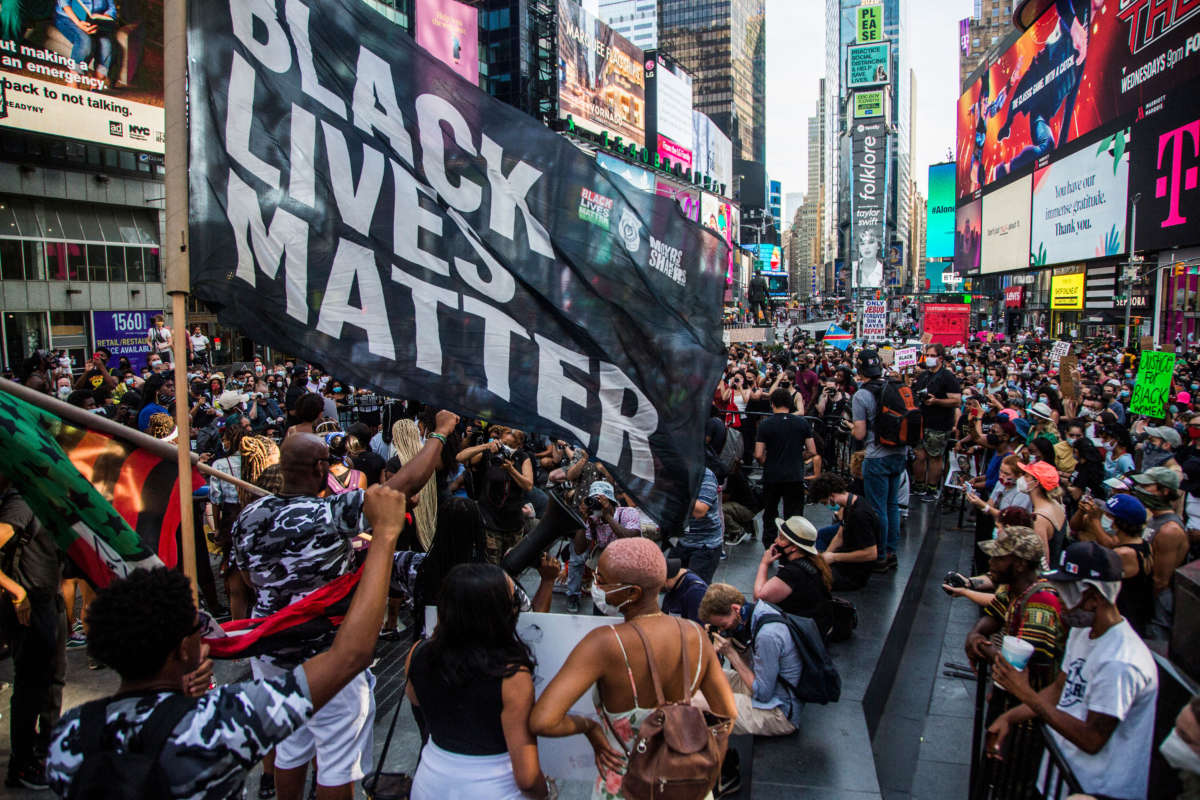 Hundreds of protesters gather in Times Square in New York City on July 26, 2020.