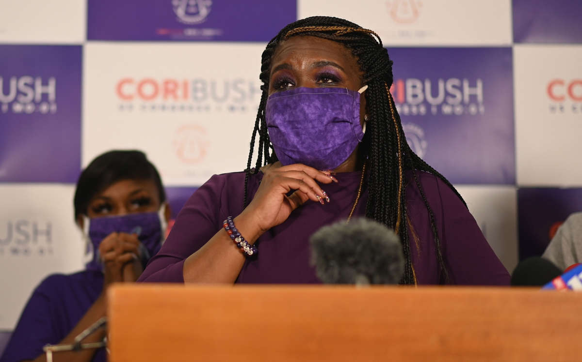 Missouri Democratic congressional candidate Cori Bush gives her victory speech at her campaign office on August 4, 2020, in St. Louis, Missouri.