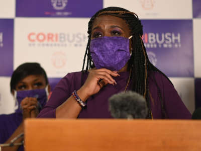 Missouri Democratic congressional candidate Cori Bush gives her victory speech at her campaign office on August 4, 2020, in St. Louis, Missouri.
